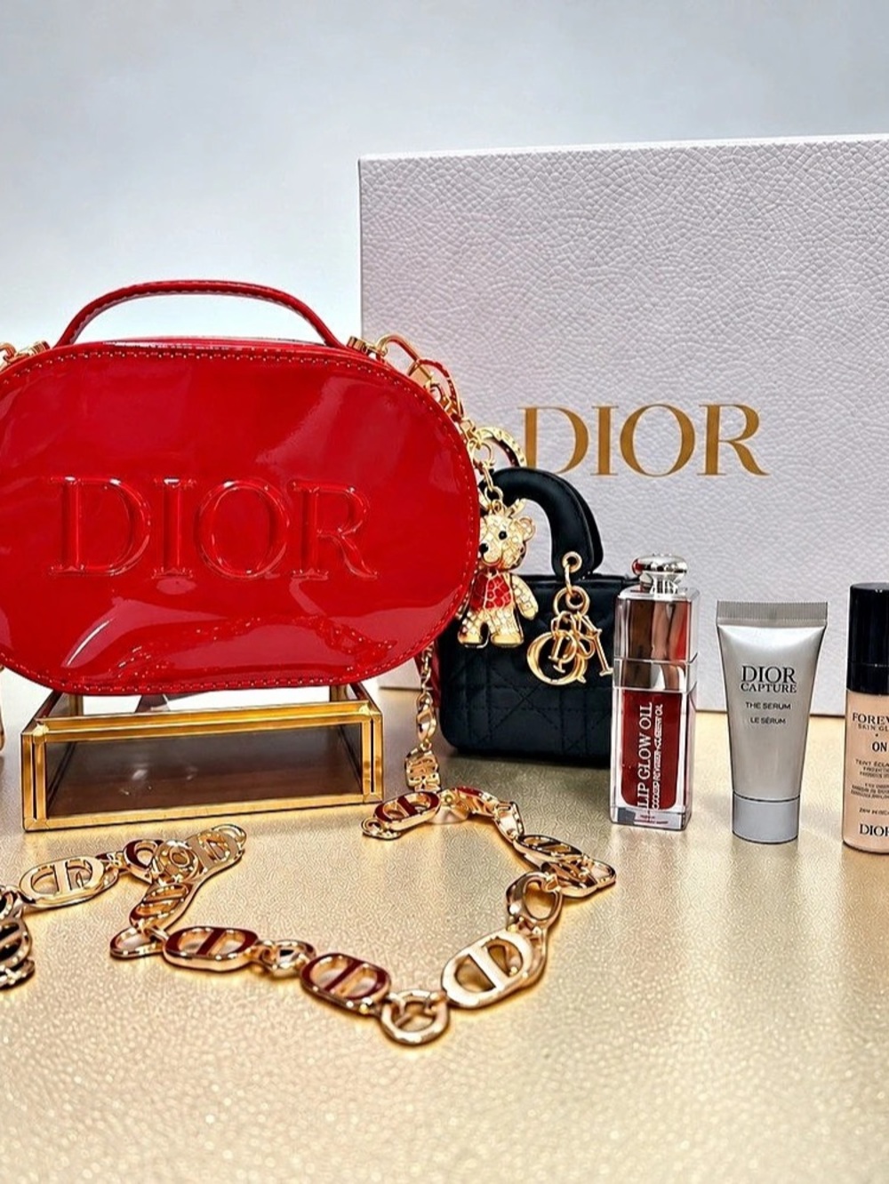 Dior Beauty Gift Bundle • Red Glossy Crossbody Case, Mini Bag Charm & Cosmetics